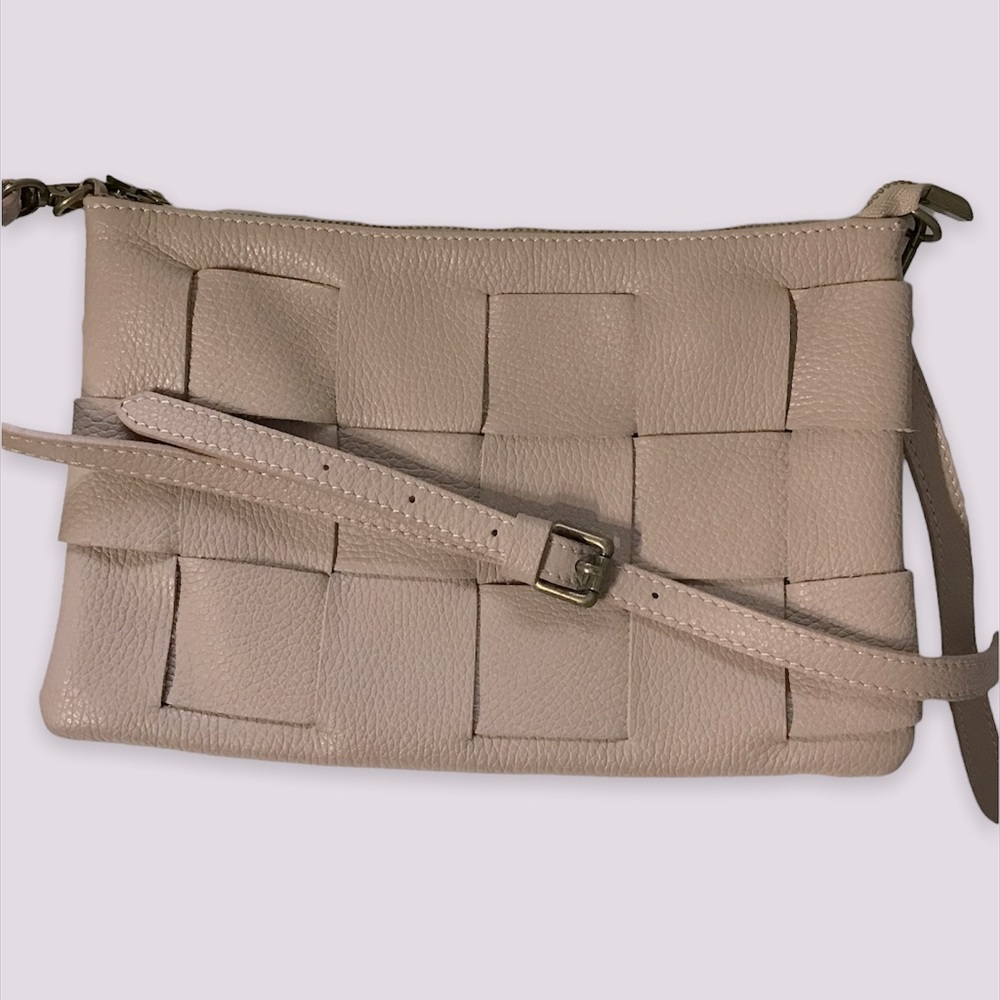 Valentina Fiore Italian Leather Woven Crossbody Blush Pink